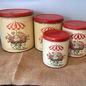 Vintage deco ware flower pot nesting canisters  very old from the 50’s set of 4